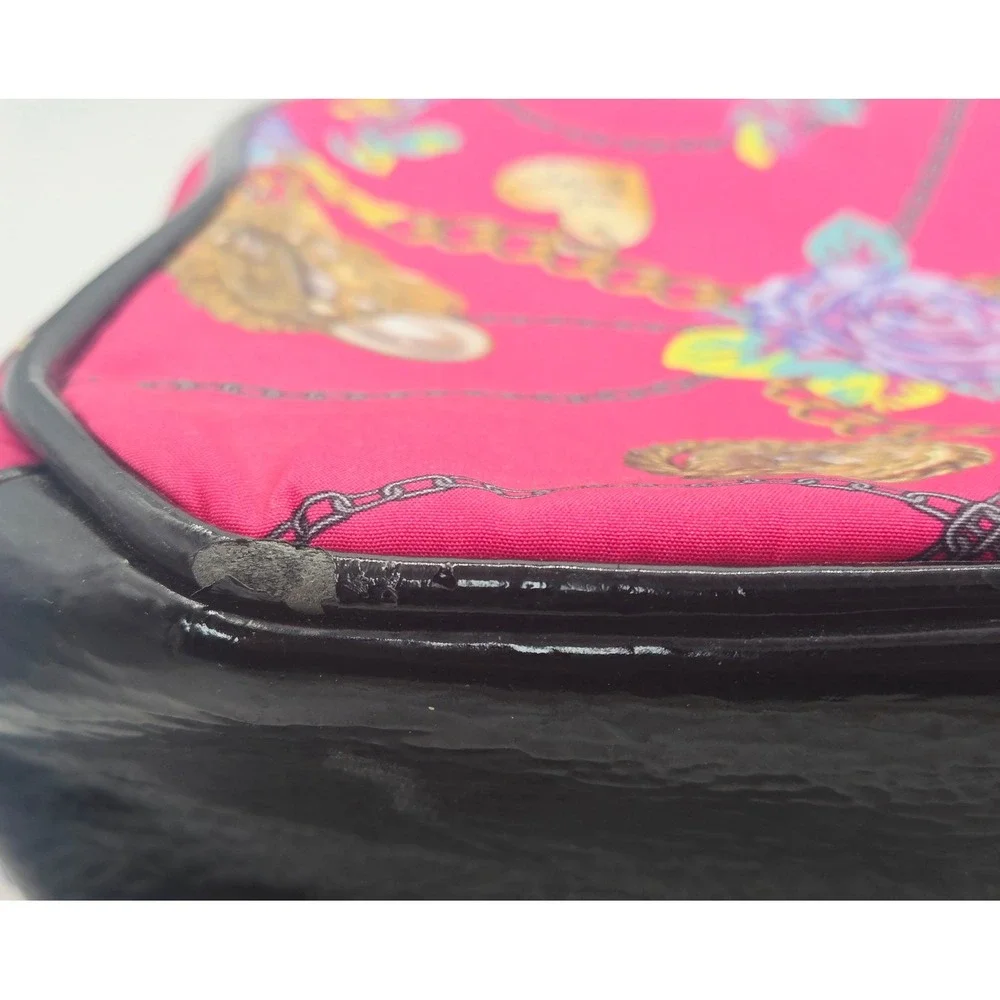 Betsey Johnson Y2K Pink Floral Chain Print Nylon Satchel Bag Black Patent‎ Trim